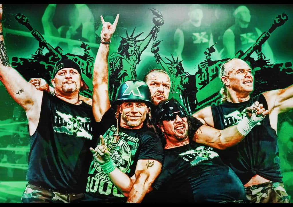 D-Generation X (DX - Road Dogg, Shawn Michaels, Triple H, X-Pac y Billy Gunn) reunidos en el Raw 1000 (23/07/2012) / WWE©
