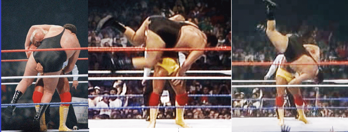 Hulk Hogan aplica una Contralona (Bodyslam) a André el Gigante en WWF WrestleMania III / WWE©