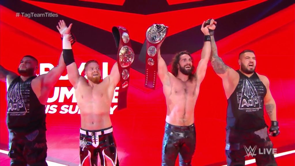 Kevin Owens y Samoa Joe vs Seth Rollins y AOP
