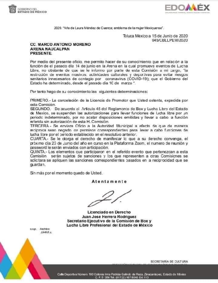 Suspenden licencia del promotor Marco Antonio Moreno de la Arena Naucalpan