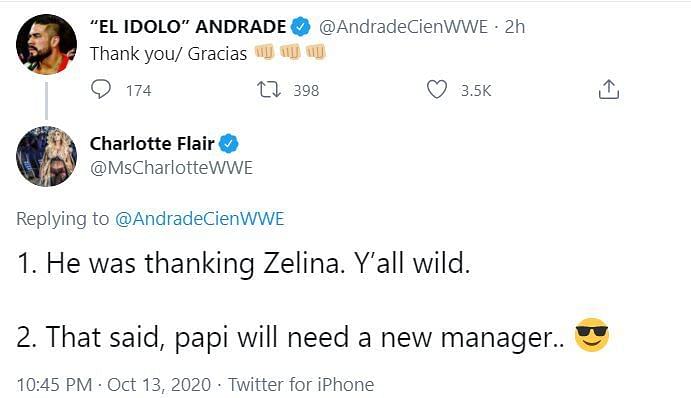 Respuesta de Charlotte Flair a un tuit de Andrade el 13 de octubre de 2020 - Twitter