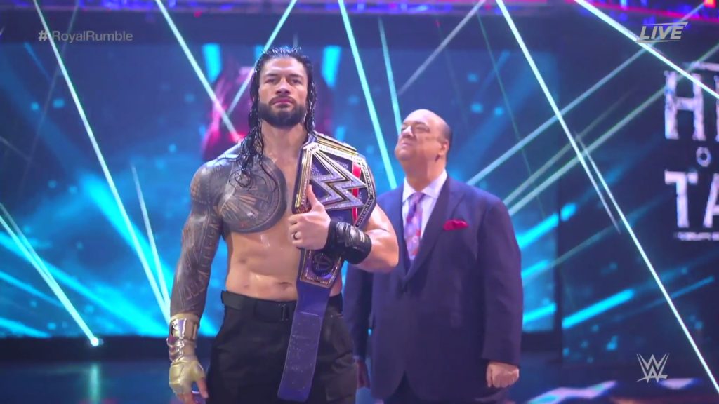 Roman Reigns como Campeón Universal WWE y Paul Heyman en el PPV WWE Royal Rumble 2021 (31/01/2021) / WWE