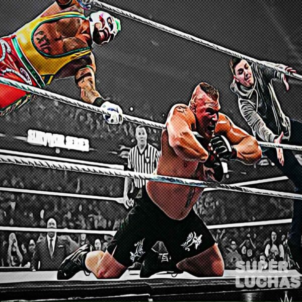 Rey Mysterio y Dominik Mysterio aplican el 619 a Brock Lesnar en Survivor Series 2019