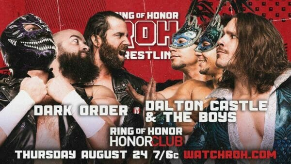 Un cartel de un evento de lucha libre con The Dark Order y Dalton Castle & The Boys el 24 de agosto de 2023.