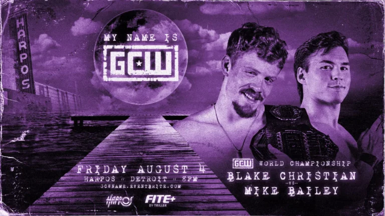 Un póster que promociona el evento "Mi nombre es GCW" con dos hombres sobre un fondo violeta vibrante.
