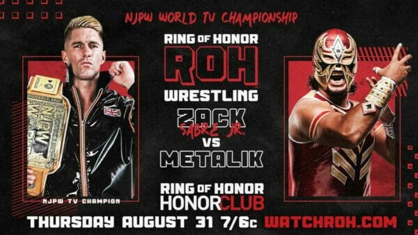 Póster de un combate de lucha libre entre ROH Wrestling y Metallix, con Zack Sabre Jr. vs. Metalik el 31 de agosto de 2023.