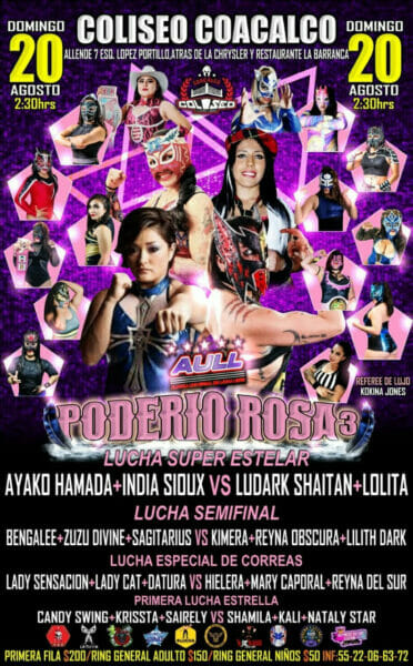 El poder rosa de AULL llega al Coliseo de Coacalco para un evento de lucha libre femenil.