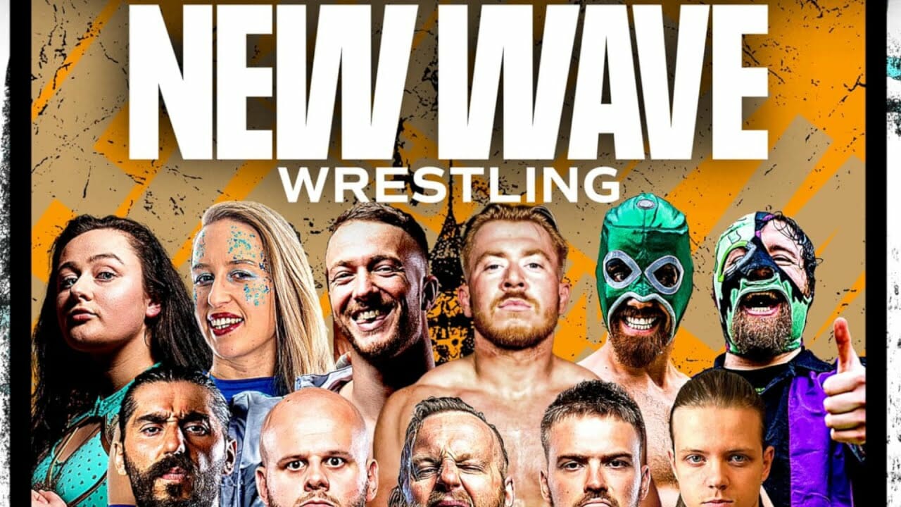 Un cartel con el evento "Resultados New Wave Wrestling" el 11 de agosto de 2023.