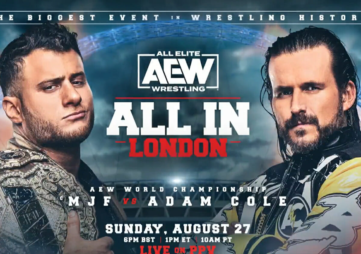 Afiche de Aew all in London con MJF vs. Adam Cole para el título AEW.