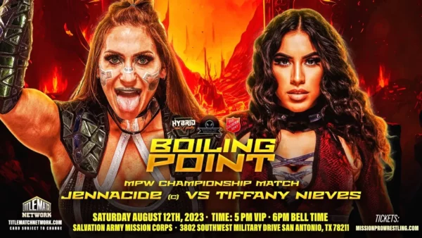 Un póster del evento de lucha libre, "Boiling Point", que presenta los explosivos combates de WWE y Mission Pro Wrestling el 13 de agosto de 2023.