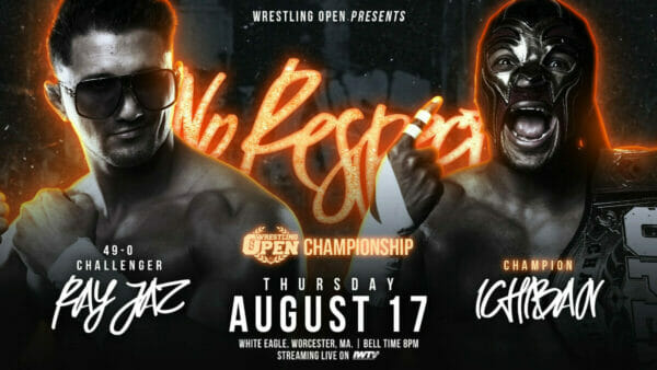 Un póster con Ichiban y Ray Jaz en un combate de lucha libre en Resultados Wrestling Open el 17 de agosto de 2023.