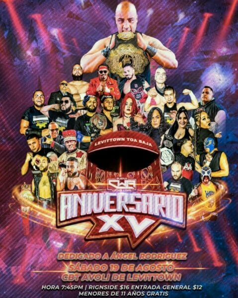 Un cartel para un evento de lucha libre con un grupo de luchadores.