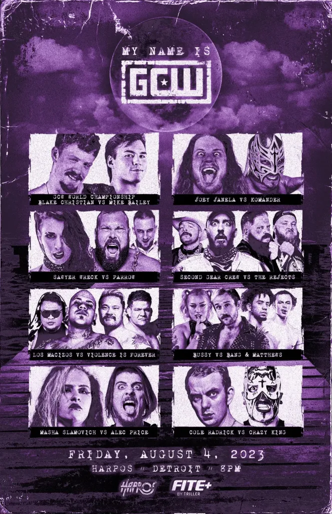 Un póster que muestra a los luchadores del evento de GCW del 4 de agosto de 2023 sobre un fondo violeta vibrante.