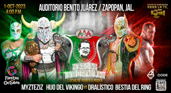 Afiche del evento de lucha libre mexicana con AAA: Héroes Inmortales en las Fiestas de Octubre.