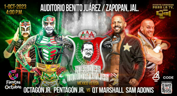Un cartel de lucha libre con AAA: Héroes Inmortalales durante las Fiestas de Octubre.
