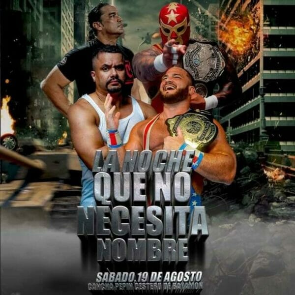 Un cartel de un combate de lucha libre con un hombre y una mujer.