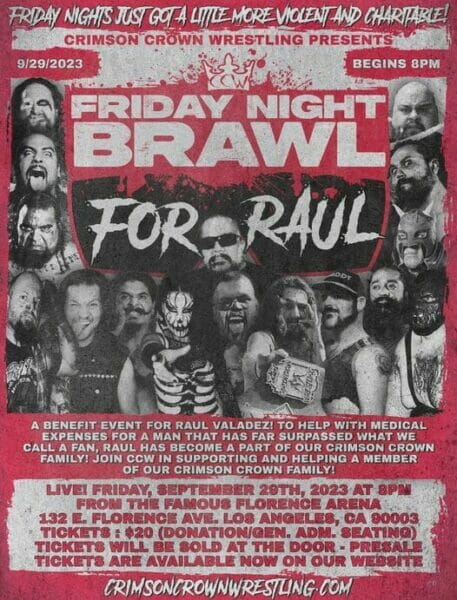 Un cartel del primer evento Friday Night Brawl de Crimson Crown Wrestling el 12 de septiembre de 2023.