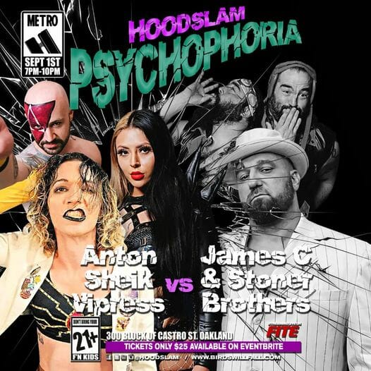 Un póster para el evento Hoodslam Psychophoria del 1 de septiembre de 2023 que muestra los resultados.