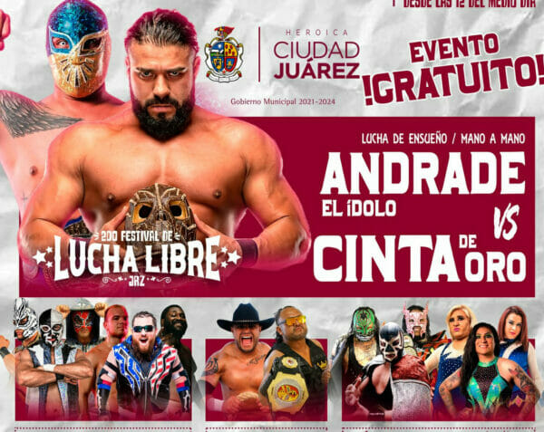 Un cartel de un combate de lucha libre protagonizado por Andrade en Ciudad Juárez.