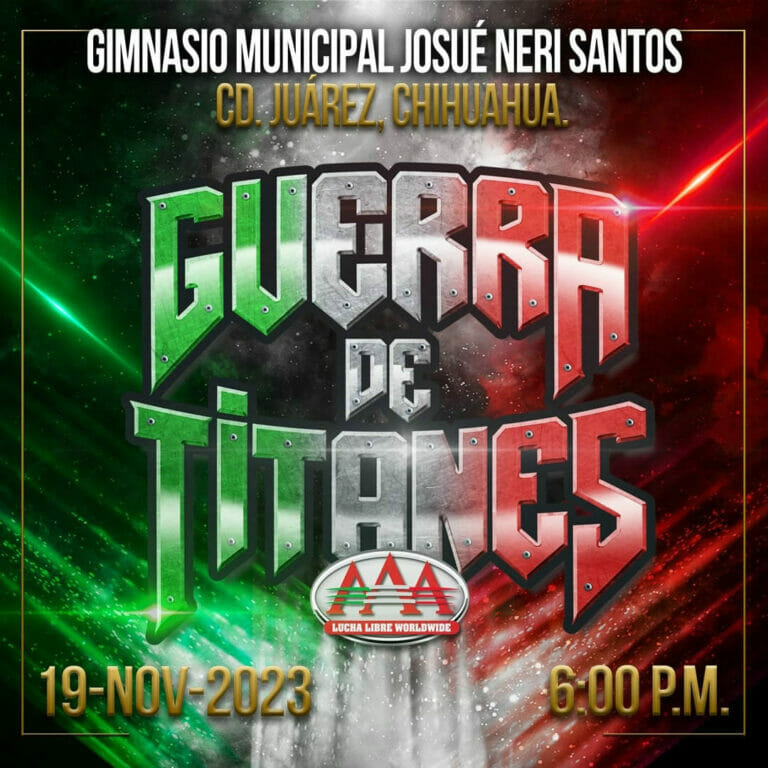 Superluchas - Un cartel anunciando la Guerra de Titanes 2023, con fecha y lugar confirmados.