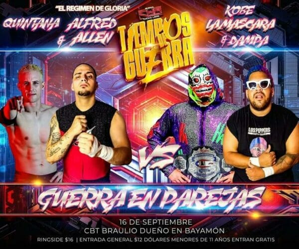 Un cartel de un combate de lucha libre entre dos hombres.