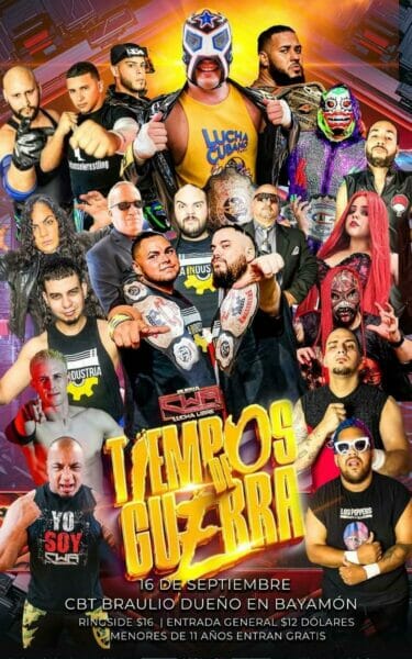 Un cartel de un evento de lucha libre con un grupo de luchadores.