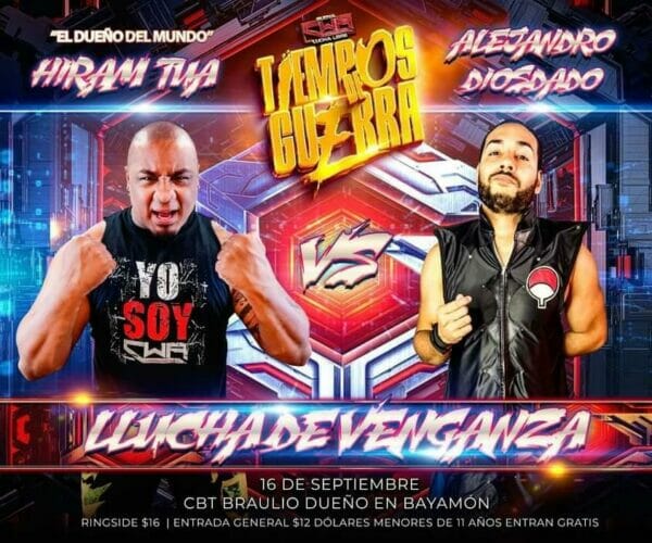 Un cartel de un combate de lucha libre entre dos hombres.