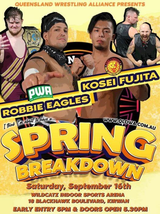 Un folleto de Spring Breakdown con dos luchadores en Resultados Queensland Wrestling Alliance el 16 de septiembre de 2023.