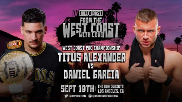Un cartel del combate de West Coast Pro Wrestling entre Titus Alexander y Daniel Carner el 10 de septiembre de 2023.