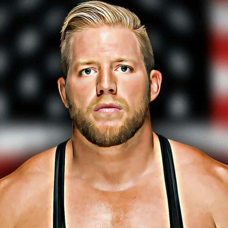Superluchas - Un retrato de El plan de Jake Hager, un luchador, frente a una bandera estadounidense.