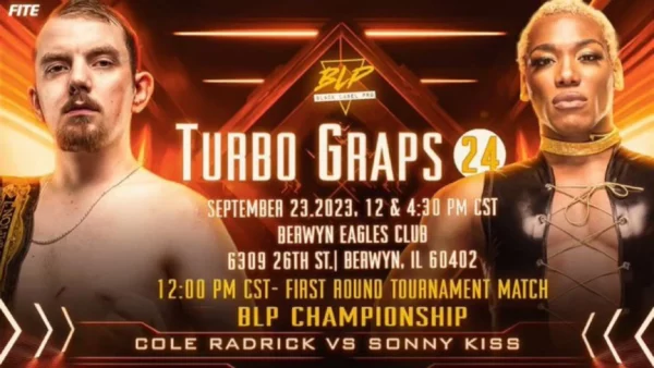 Superluchas - Un póster con turbo grabs 2 y dos luchadores de Turbo Graps 24 2023 Part One.