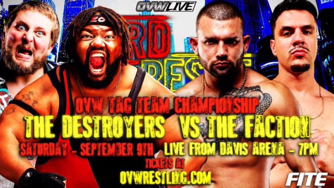 Un cartel de los destructores contra la facción en el Saturday Night Special - Hard Reset de Ohio Valley Wrestling el 9 de septiembre de 2023.