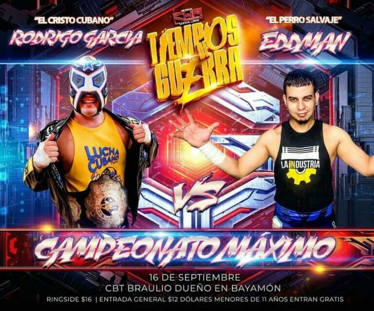 Un cartel de un combate de lucha libre entre dos luchadores.