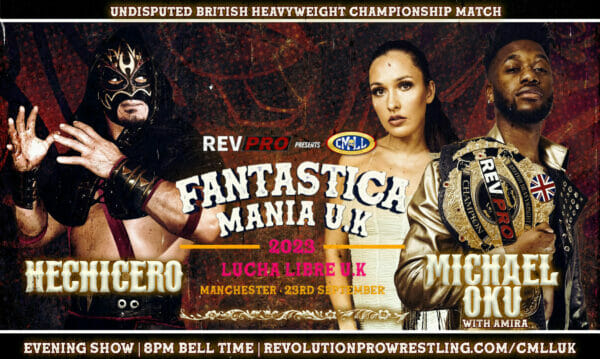 Un cartel de un combate de lucha libre protagonizado por dos luchadores del CMLL y RevPro.