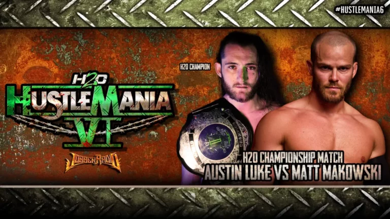 Resultados HustleMania VI: Dos luchadores en un ring de lucha libre con las palabras hustle mama iv.