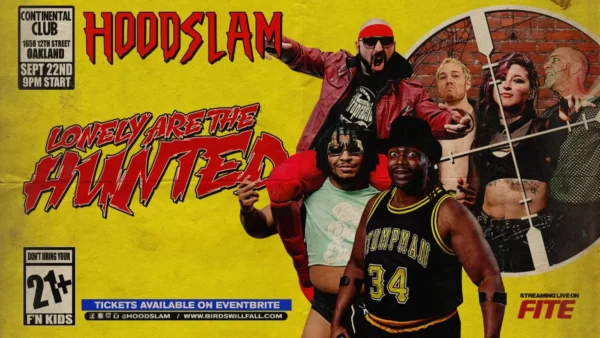 Superluchas - Un cartel de Hoodslam que muestra a un animado grupo de personas en el evento del 1 de septiembre de 2023.