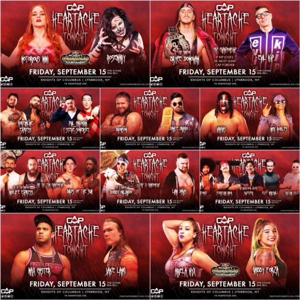 Un cartel para el torneo de lucha de Harry Potter de la WWE que presenta una reseña de Heartache esta noche.