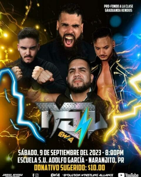 Un cartel de un evento de lucha libre con dos hombres y un rayo.