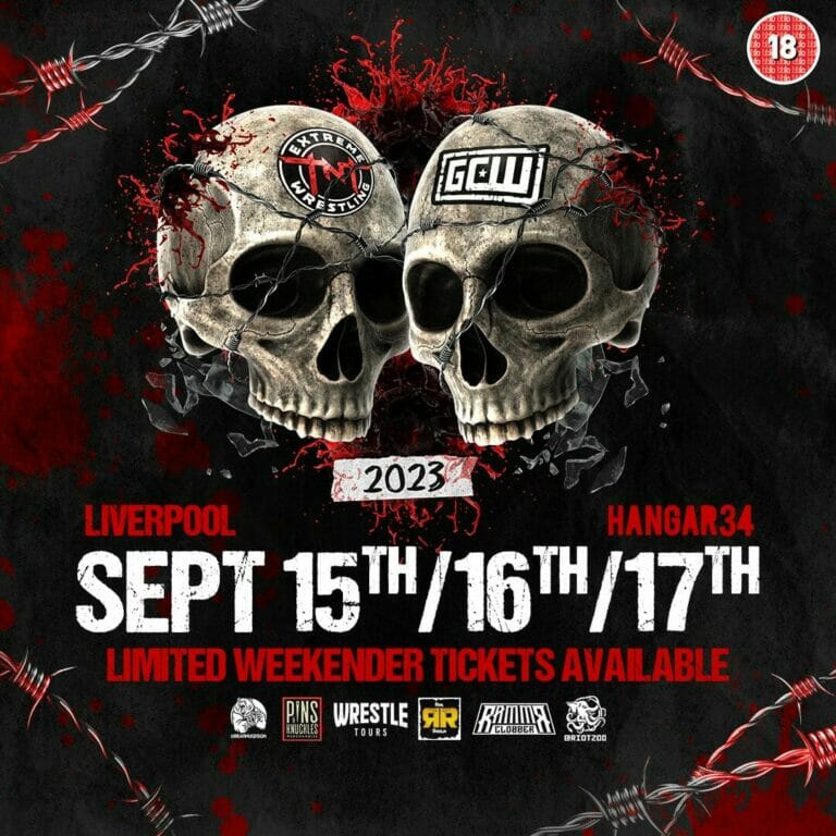 GCW prepara su asalto a Liverpool con dos cráneos y alambre de púas en el fondo.