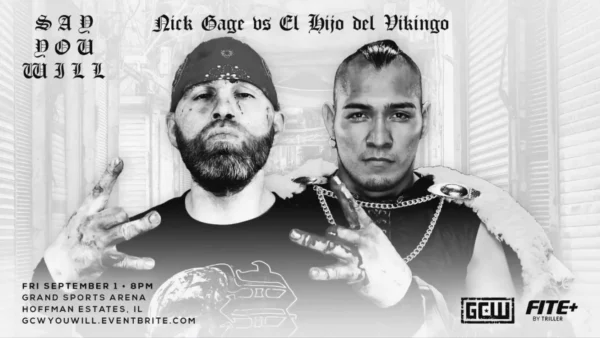 Un póster en blanco y negro que muestra a dos hombres imponentes uno cerca del otro en el evento Resultados Game Changer Wrestling el 1 de septiembre de 2023.