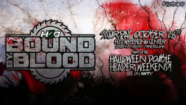 Superluchas - Un cartel de "Bound By Blood" con un fondo sangriento.