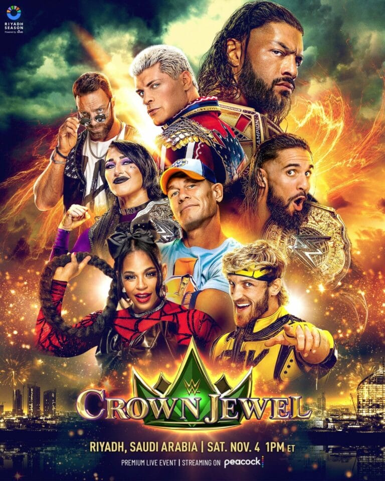 Superluchas - El cartel oficial de Crown Jewel 2023 presenta a Bianca Belair y LA Knight.