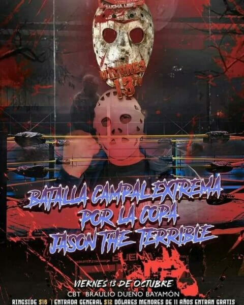 Superluchas - Un folleto para una fiesta de Halloween con una máscara.