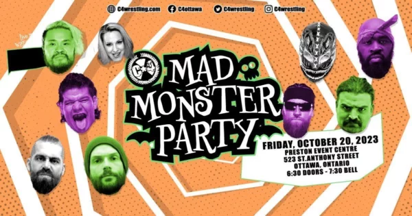 Superluchas - Un cartel que presenta la fiesta del monstruo loco, con los resultados de C*4 Wrestling el 20 de octubre de 2023.