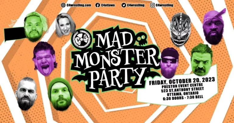 Superluchas - Un cartel que presenta la fiesta del monstruo loco, con los resultados de C*4 Wrestling el 20 de octubre de 2023.