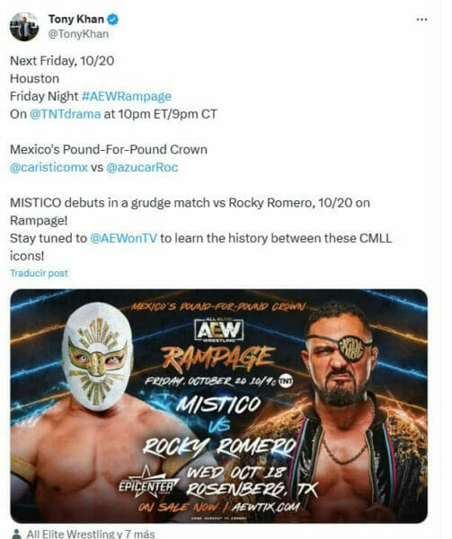 Superluchas - Un tweet que presenta a los luchadores enmascarados Místico y Rocky Romero debutando en AEW.