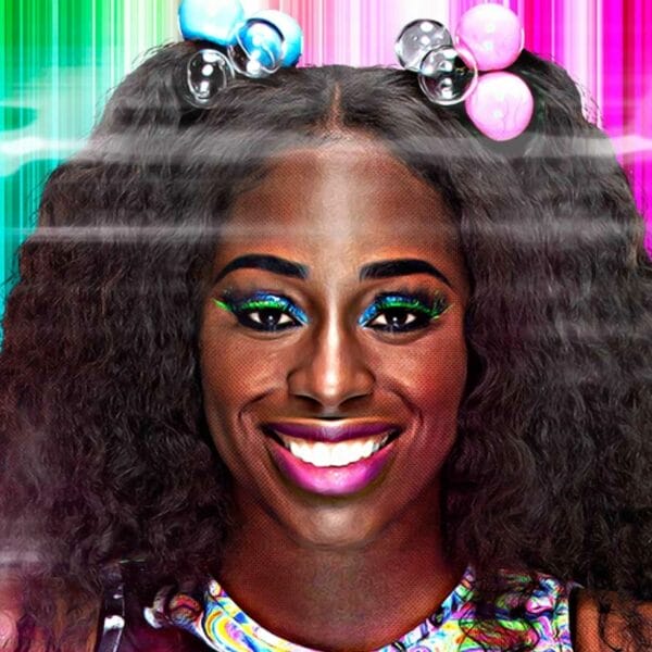 Superluchas - Una mujer negra con cabello colorido y maquillaje vibrante brilla como una estrella.