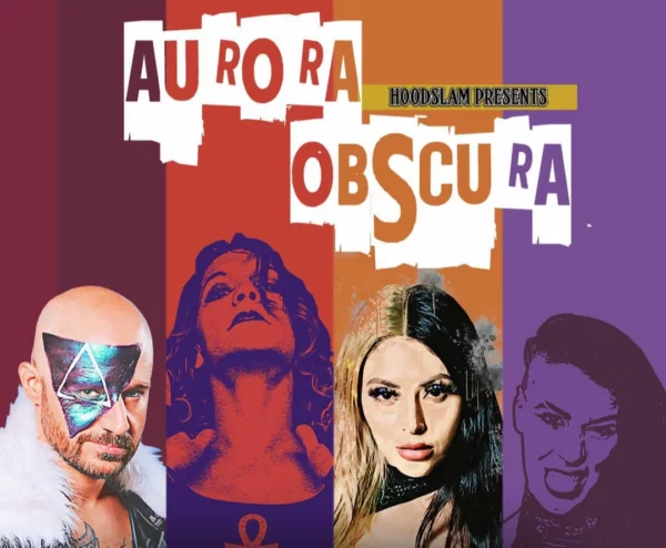 Superluchas - Un póster fascinante que muestra los electrizantes resultados del evento Hoodslam del 20 de octubre de 2023 y que muestra el aura enigmática de Aurora Obscura.