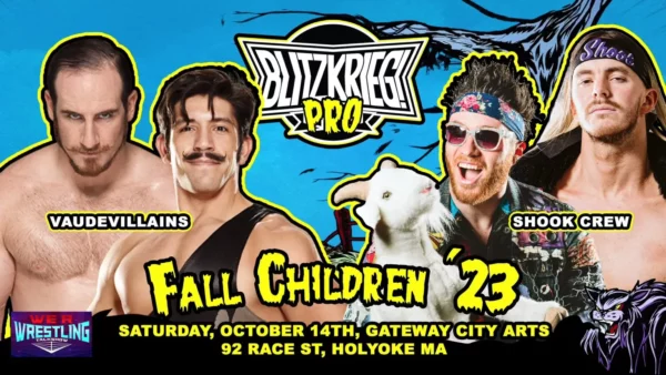Superluchas - ¡Un cartel para el evento de lucha infantil de otoño que presenta Resultados Blitzkrieg! Pro Wrestling el 14 de octubre de 2023.