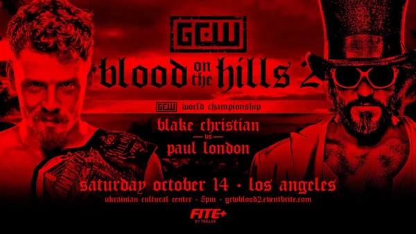Superluchas - Un cartel de Blood of the Hills 2 con dos hombres con sombreros en Resultados Game Changer Wrestling el 14 de octubre de 2023.